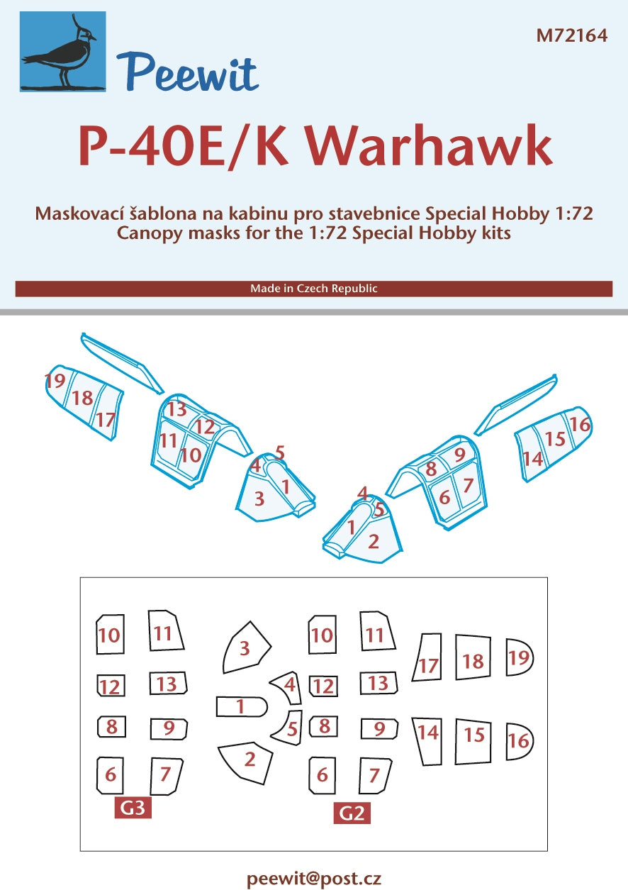 Peewit PEE72164 1:72 Curtiss P-40E/K Warhawk canopy frame paint mask