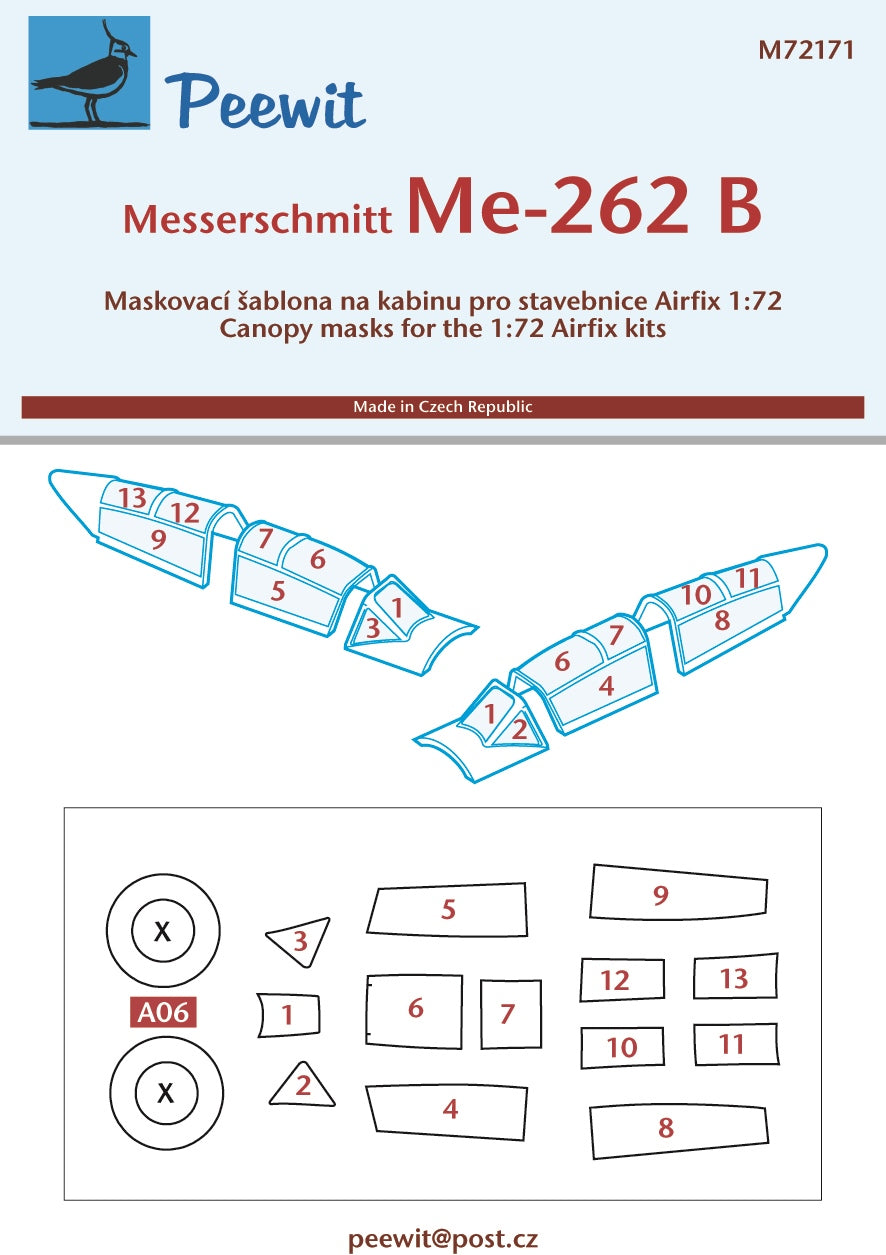 Peewit PEE72171 1:72 Messerschmitt Me-262B-1a canopy frame paint mask