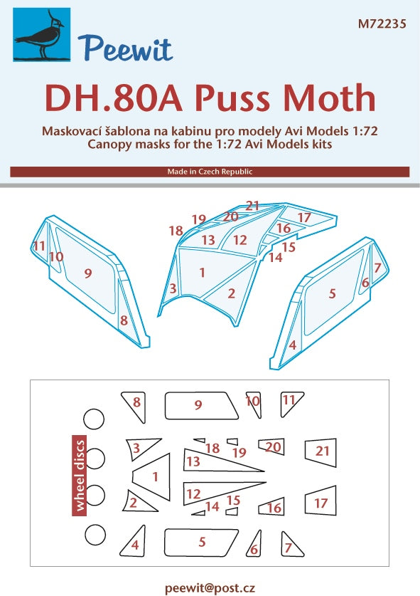 Peewit PEE72235 1:72 de Havilland DH-80A Puss Moth canopy frame paint mask