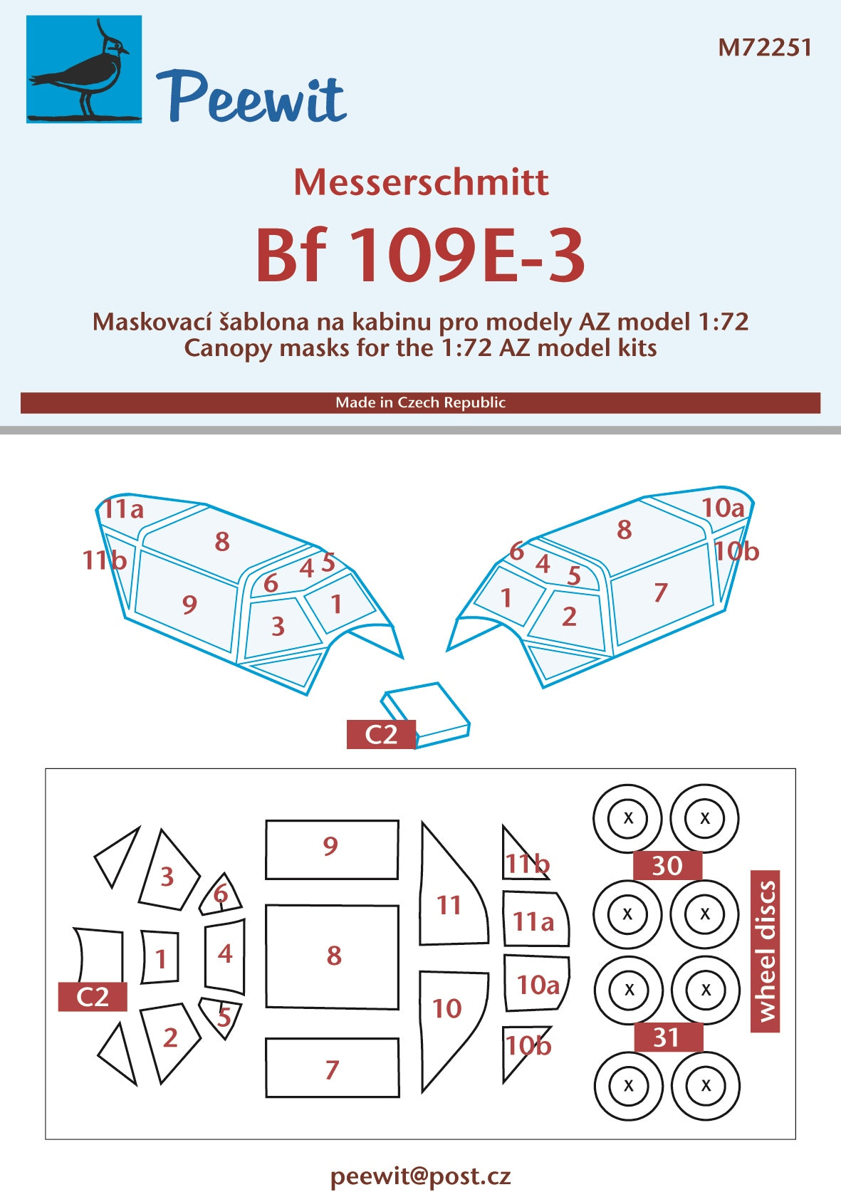 Peewit PEE72251 1:72 Messerschmitt Bf-109E-3 canopy frame paint mask