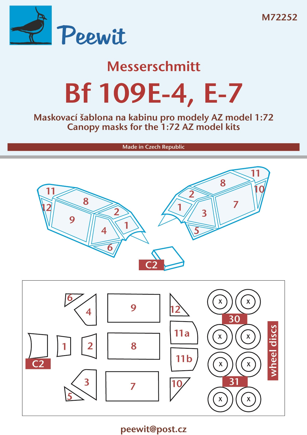 Peewit PEE72252 1:72 Messerschmitt Bf-109E-4/Bf-109E-7 canopy frame paint mask
