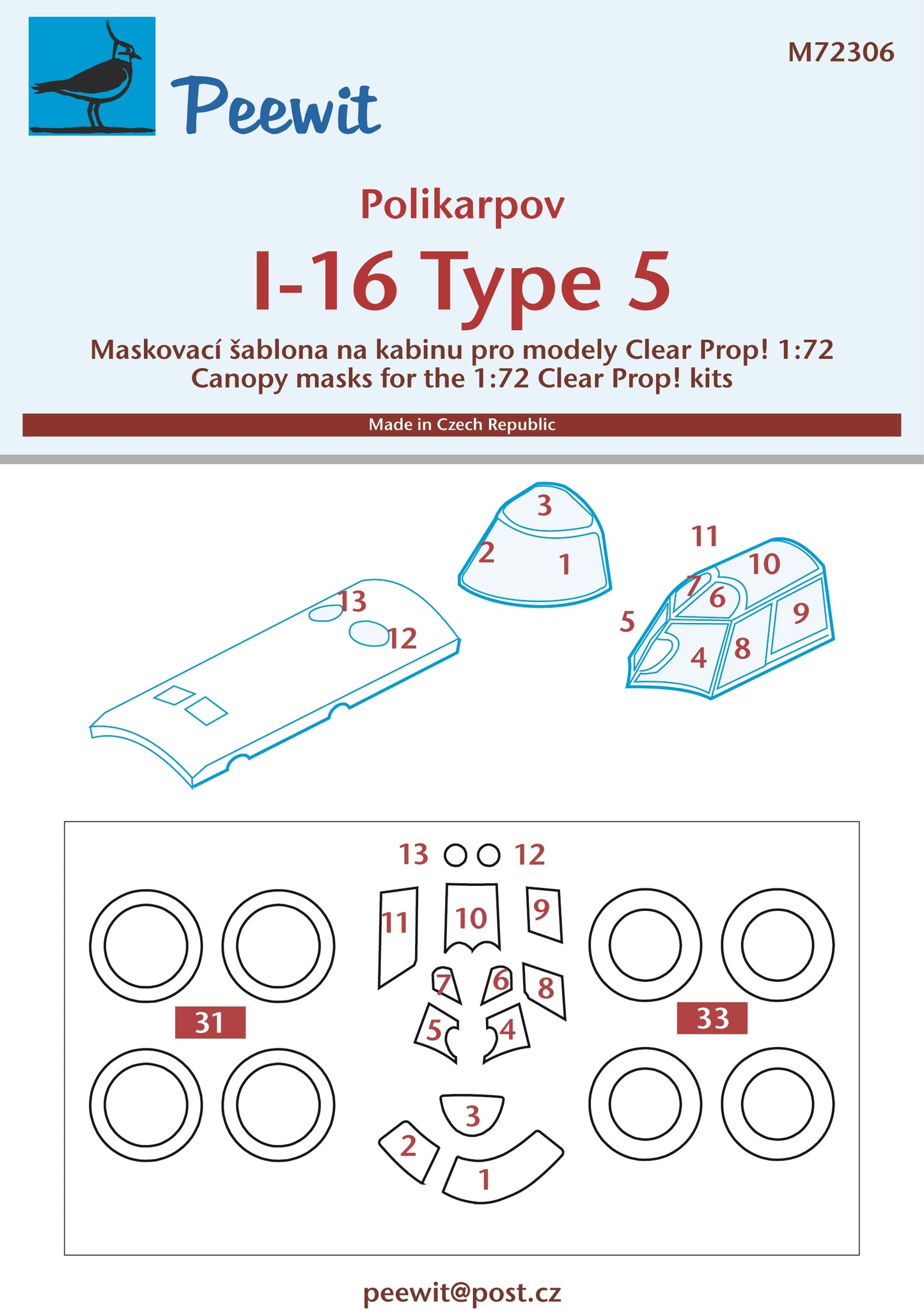 Peewit PEE72306 1:72 Polikarpov I-16 type 5 canopy frame paint mask