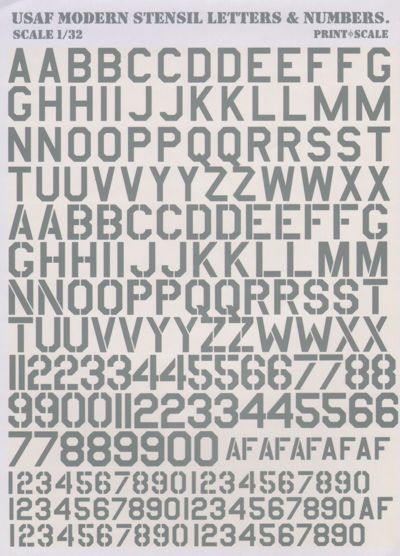 Print Scale PSL32002 1:32 USAF modern stencil letters and numbers in Grey/Gray