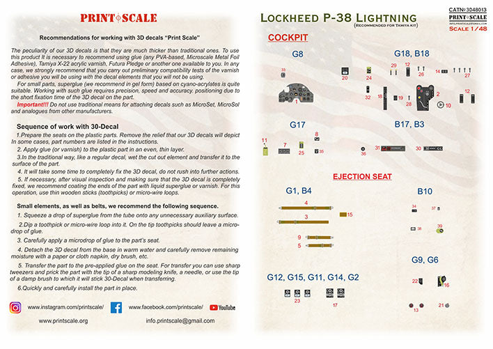 Print Scale PSL3D48-13 1:48 Instrumental panel Lockheed P-38 Lightning