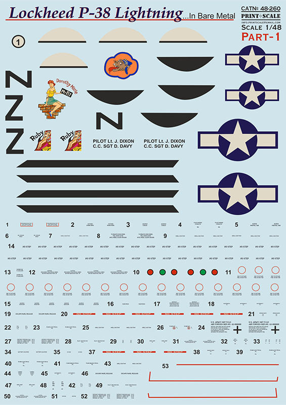 Print Scale PSL48260 1:48 P-38 Lightning Bare Metal 36th FS Decals