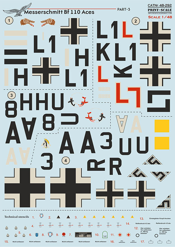 Print Scale PSL48292 1:48 Messerschmitt Bf-110 Aces Part-3 1