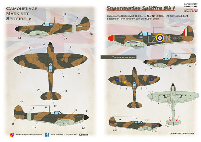 Print Scale PSM72007 1:72 Spitfire Mk.I Camouflage Mask & Decals