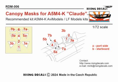 Rising Decals RDM-006 1:72 Mitsubishi A5M4-K 'Claude' canopy frame paint mask