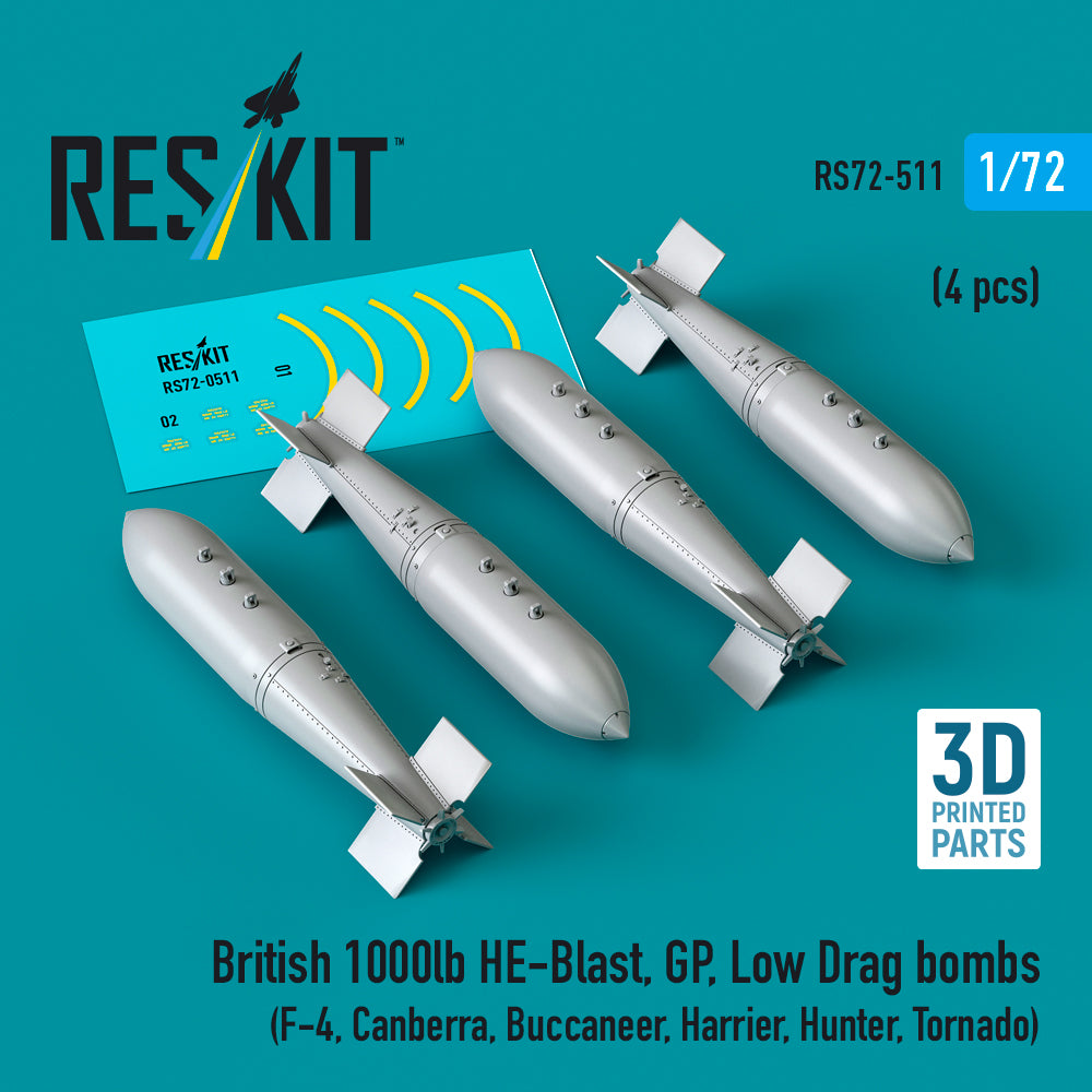 ResKit RS72-0511 1:72 British 1000lb HE-Blast, GP, Low Drag bombs