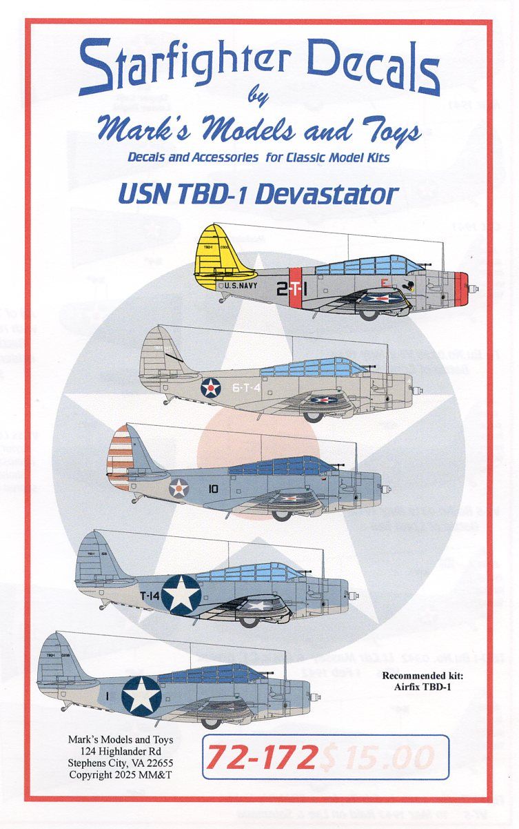 Starfighter Decals SFD72172 1:72 USN Douglas TBD-1