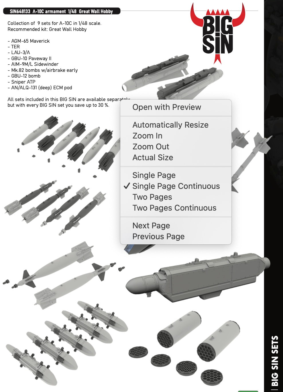 Eduard Brassin SIN648133 Fairchild A-10C Thunderbolt II armament 1:48