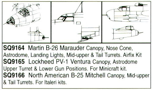 Squadron Canopies SQS9165 1:72 PV-1 Ventura canopy/Turret/Astrodome/lower Gun