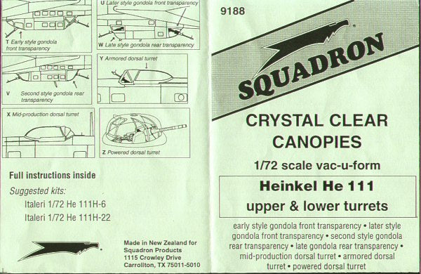 Squadron Canopies SQS9188 1:72 Heinkel He-111H-6 early