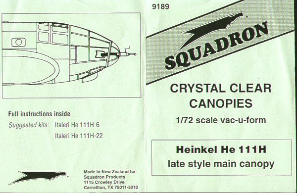 Squadron Canopies SQS9189 1:72 Heinkel He-111H-6 late canopy