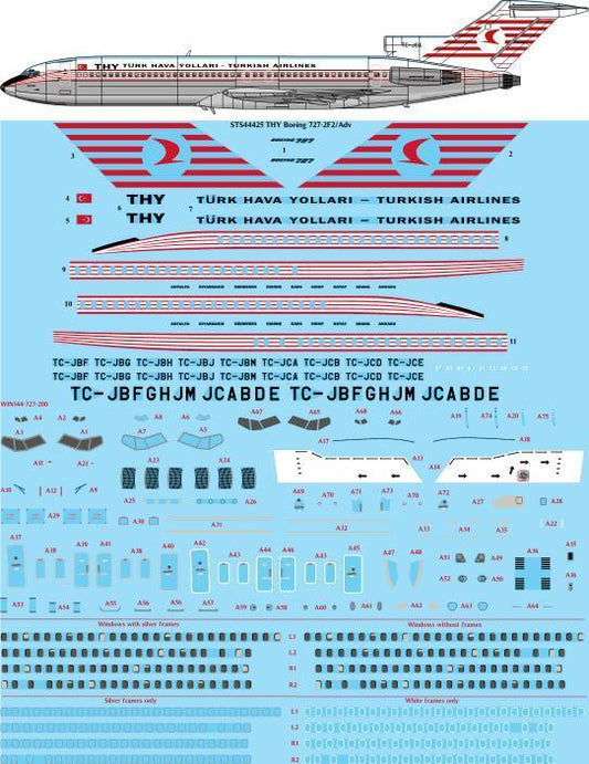 26 Decals STS44424 1:144 THY Turkish Airlines 727-2F2/Adv Screen printed decal