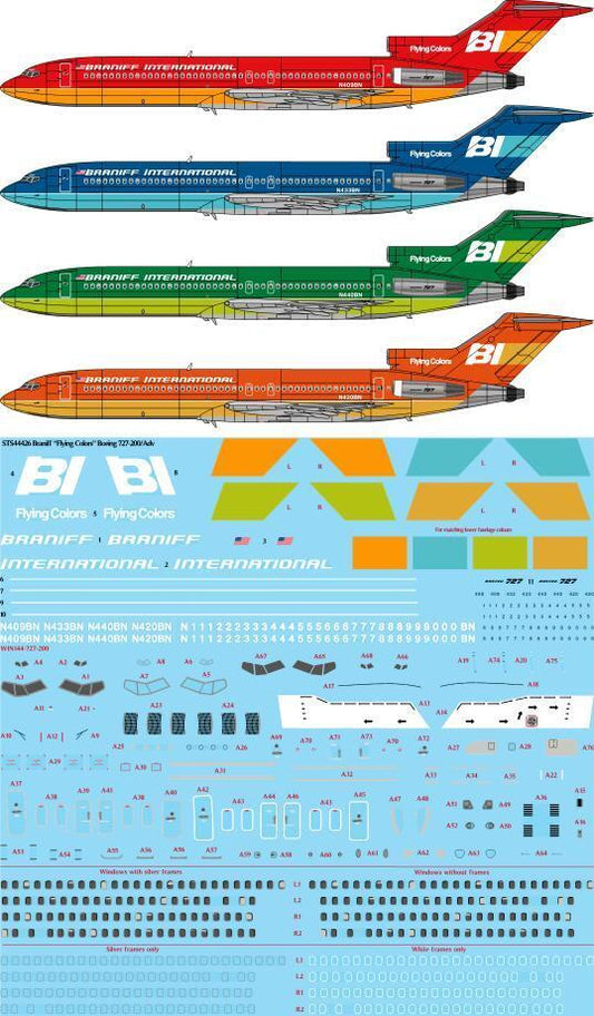 26 Decals STS44426 1:144 Braniff Flying Colors Boeing 727-200