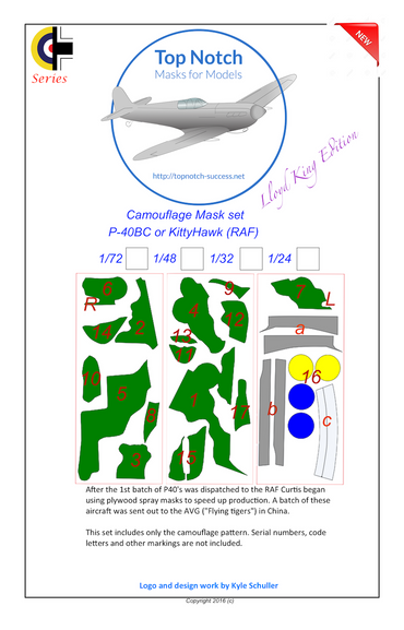 TopNotch TNM24-M040 1:24 Curtiss P-40B/P-40C Kittyhawk camouflage masks