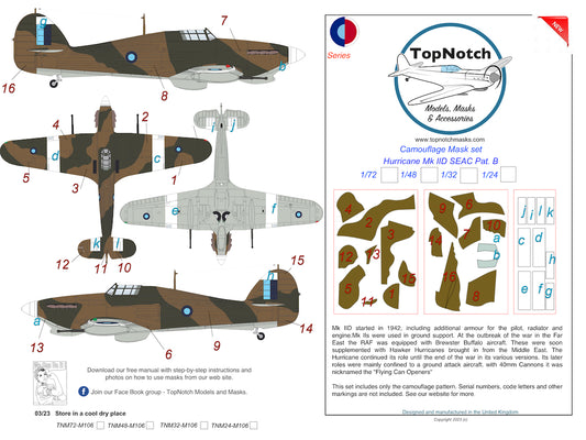 TopNotch TNM24-M106 SEAC Hawker Hurricane Mk.IID Pattern B Paint Masks 1:24