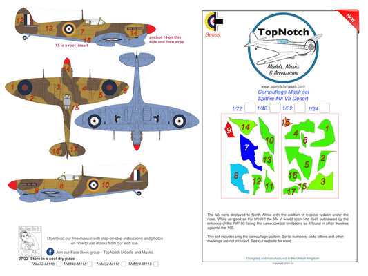 TopNotch TNM24-M119 Supermarine Spitfire Mk.Vb/c Malta Paint Masks 1:24