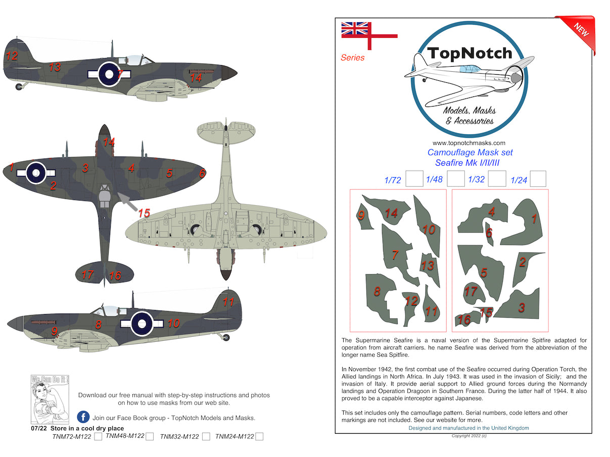 TopNotch TNM24-M122 Supermarine Seafire Mk.I/II/III Paint Masks 1:24