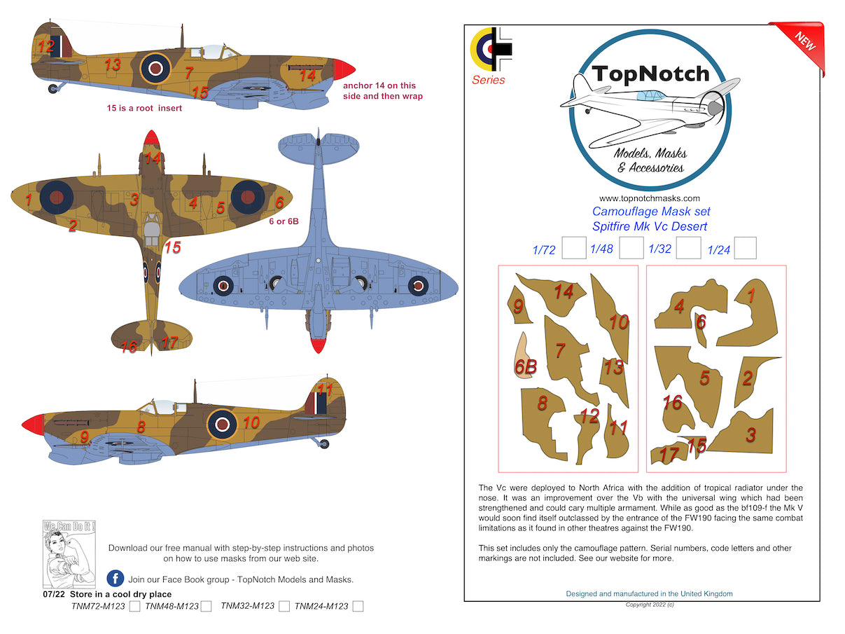 TopNotch TNM24-M123 Supermarine Spitfire Mk.Vc Desert Paint Masks 1:24