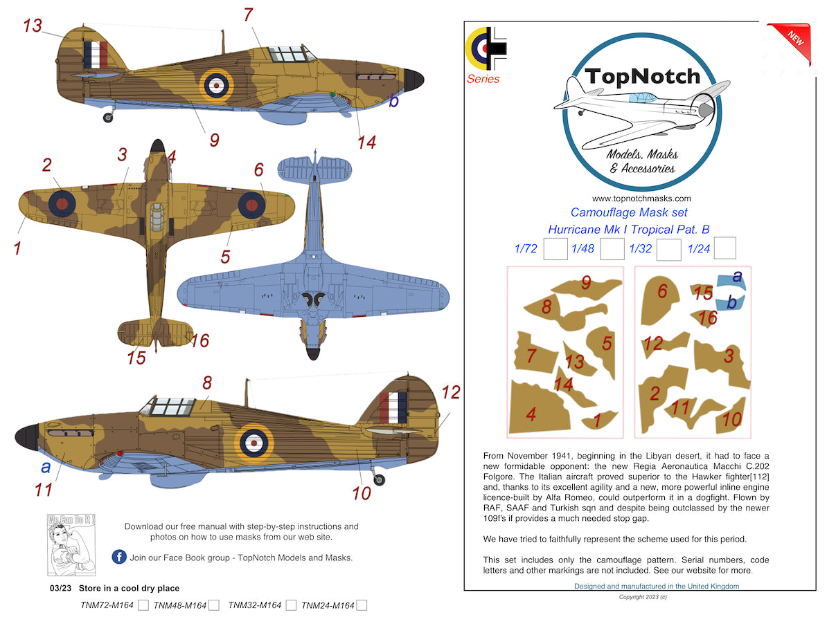 TopNotch TNM24-M164 Hawker Hurricane Mk.I Tropical Pattern B Masks 1:24