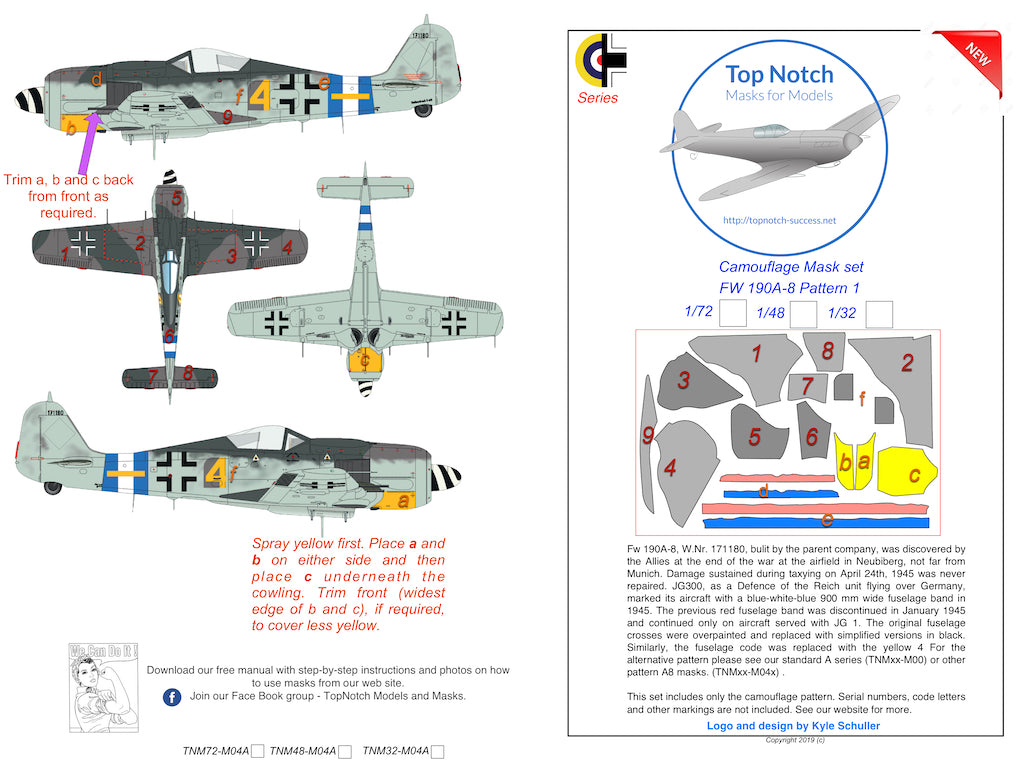 TopNotch TNM32-M004 Focke-Wulf Fw-190A-8 Pattern 1 Paint Masks 1:32