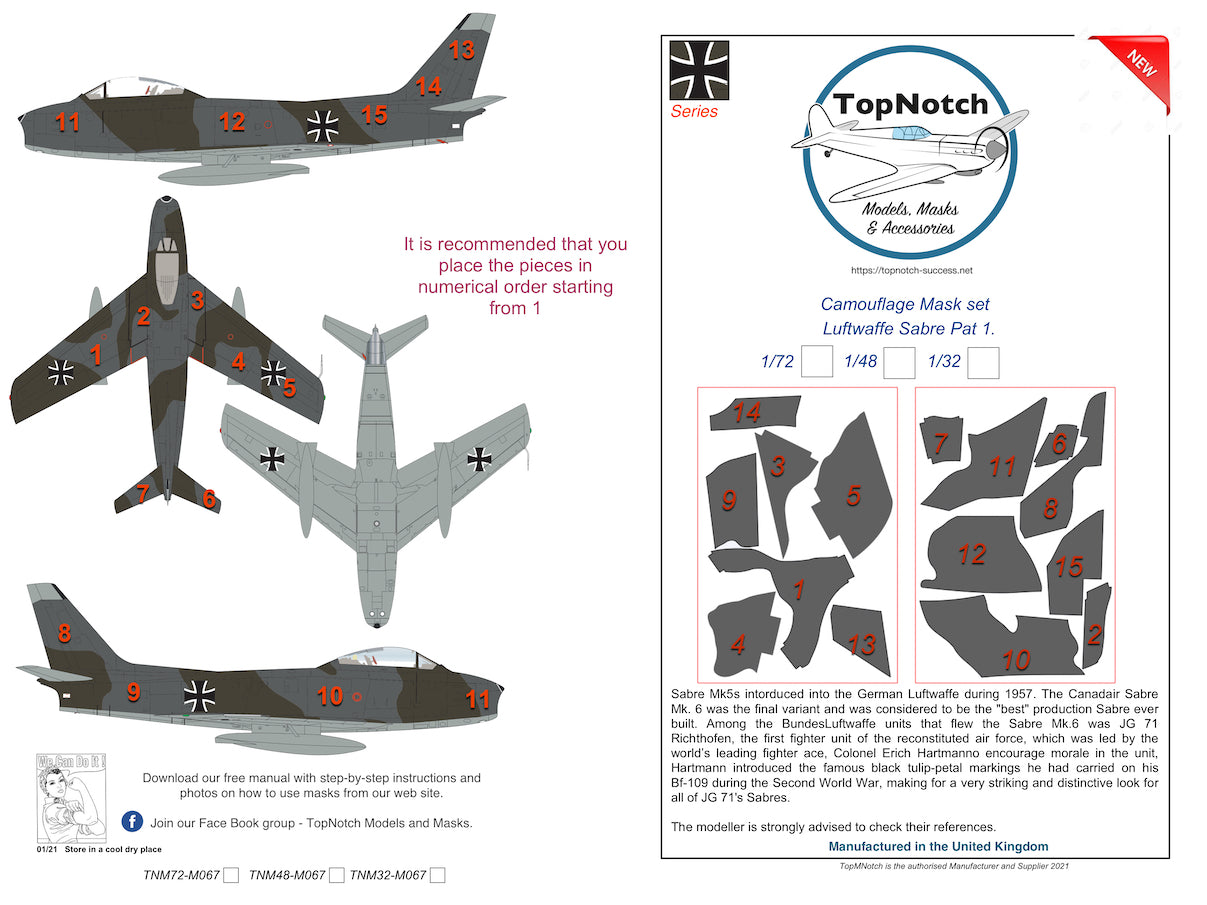 TopNotch TNM32-M068 Luftwaffe Sabre Pattern 2 Paint Masks 1:32