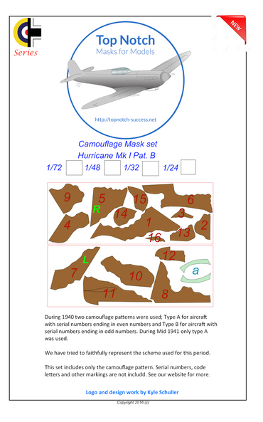 TopNotch TNM48-M011 Hawker Hurricane Mk.I Pattern B Paint Masks 1:48