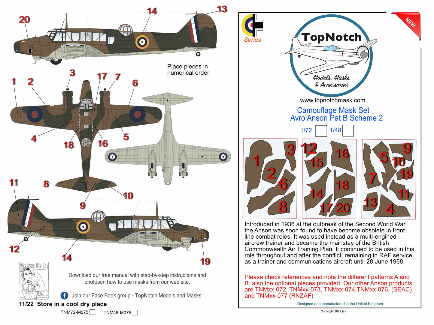 TopNotch TNM48-M075 Avro Anson Mk.I Pattern B Scheme 2 Masks 1:48