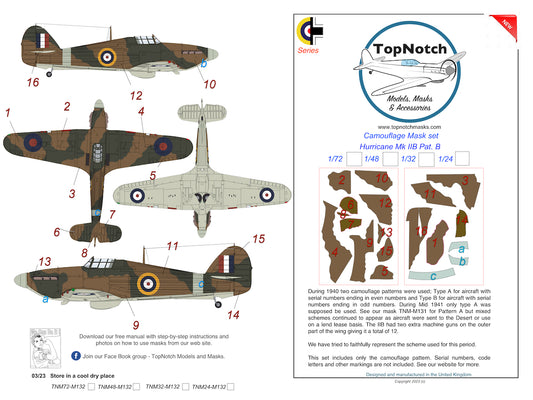TopNotch TNM48-M132 Hawker Hurricane Mk.IIB Scheme B Paint Masks 1:48