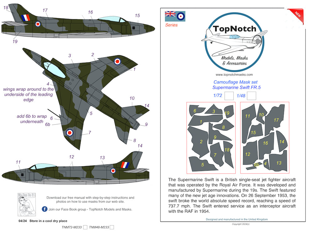 TopNotch TNM48-M233 1:48 Supermarine Swift FR.5 camouflage pattern paint mask