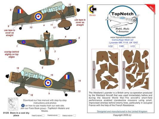 TopNotch TNM48-M240 Westland Lysander Mk.IIIA RAF Europe Masks 1:48