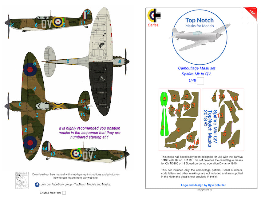 TopNotch TNM48-M055 Spitfire Mk.1a QV N3200 Paint Masks 1:48