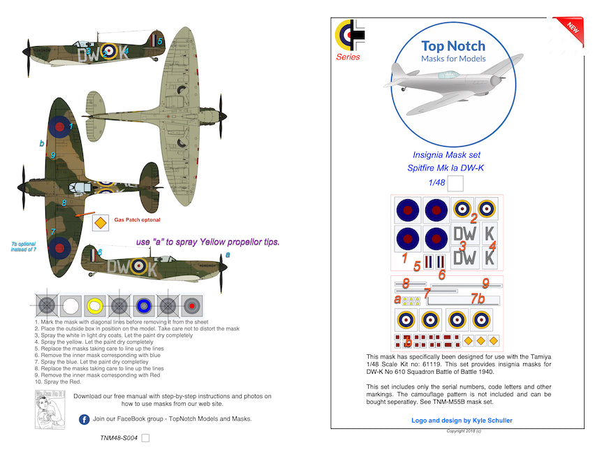 TopNotch TNM48-I018 1:48 Supermarine Spitfire Mk.1a DW-K mask insignia packs