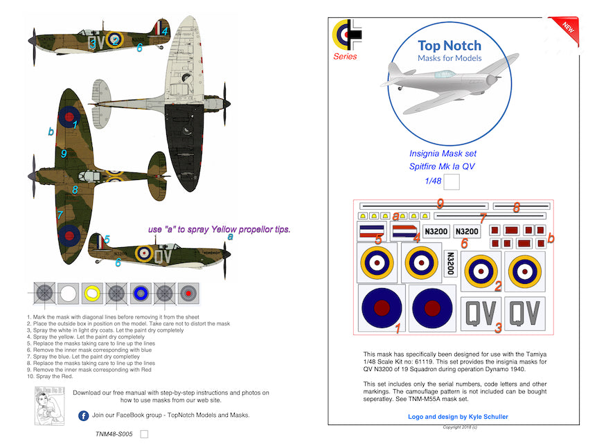 TopNotch TNM48-I021 1:48 Supermarine Spitfire Mk.1a N3200 mask insignia packs