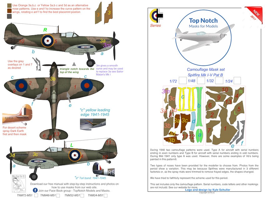 TopNotch TNM72-M051 Spitfire Mk.I to Mk.V Pattern B Paint Masks 1:72