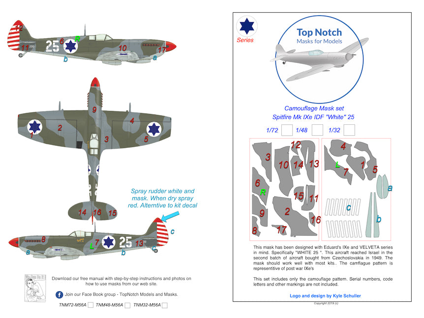 TopNotch TNM72-M056 Spitfire Mk.IXe IDF White 25 Paint Masks 1:72