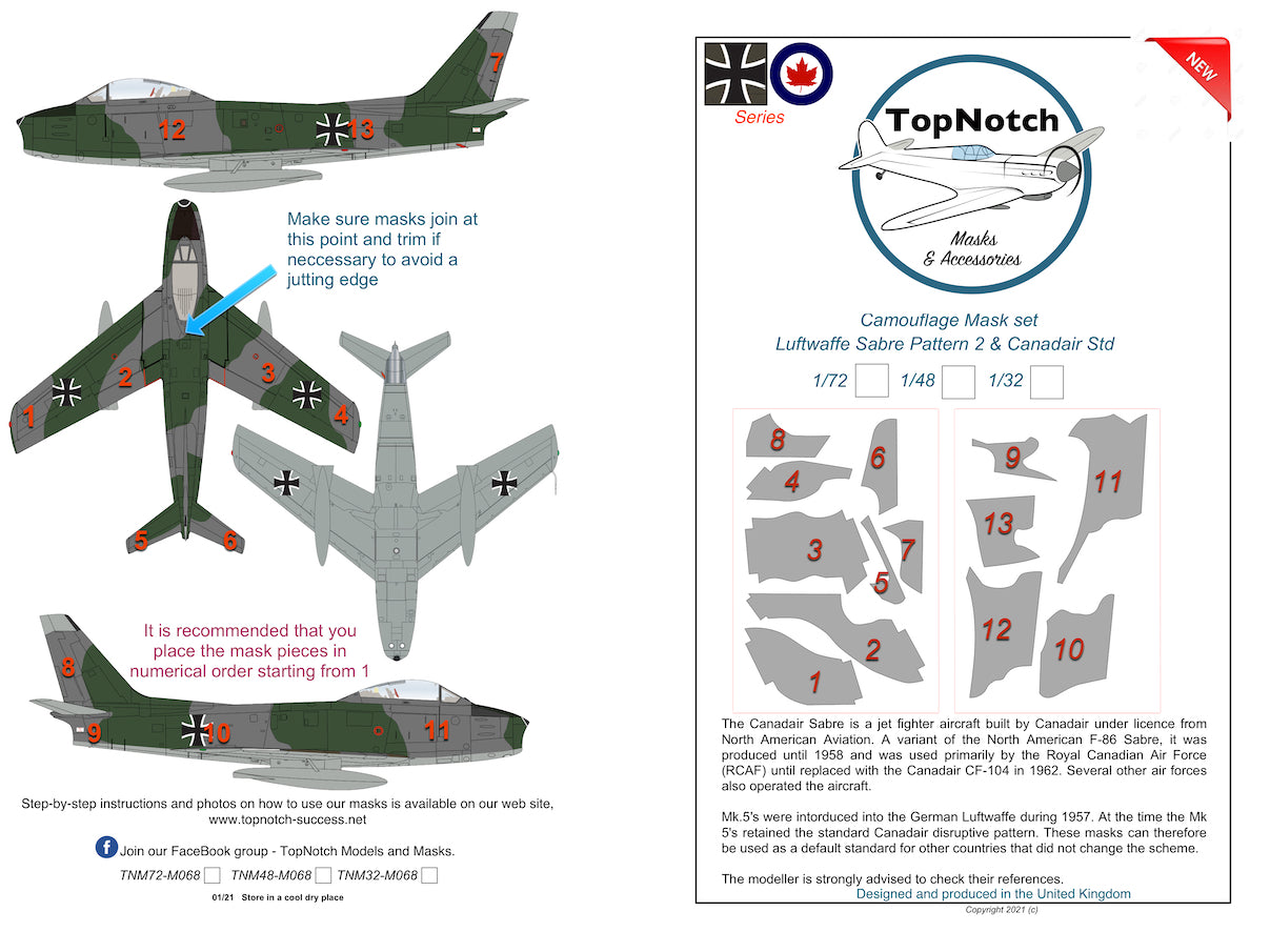 TopNotch TNM72-M068 Luftwaffe Sabre Pattern 2 Paint Masks 1:72