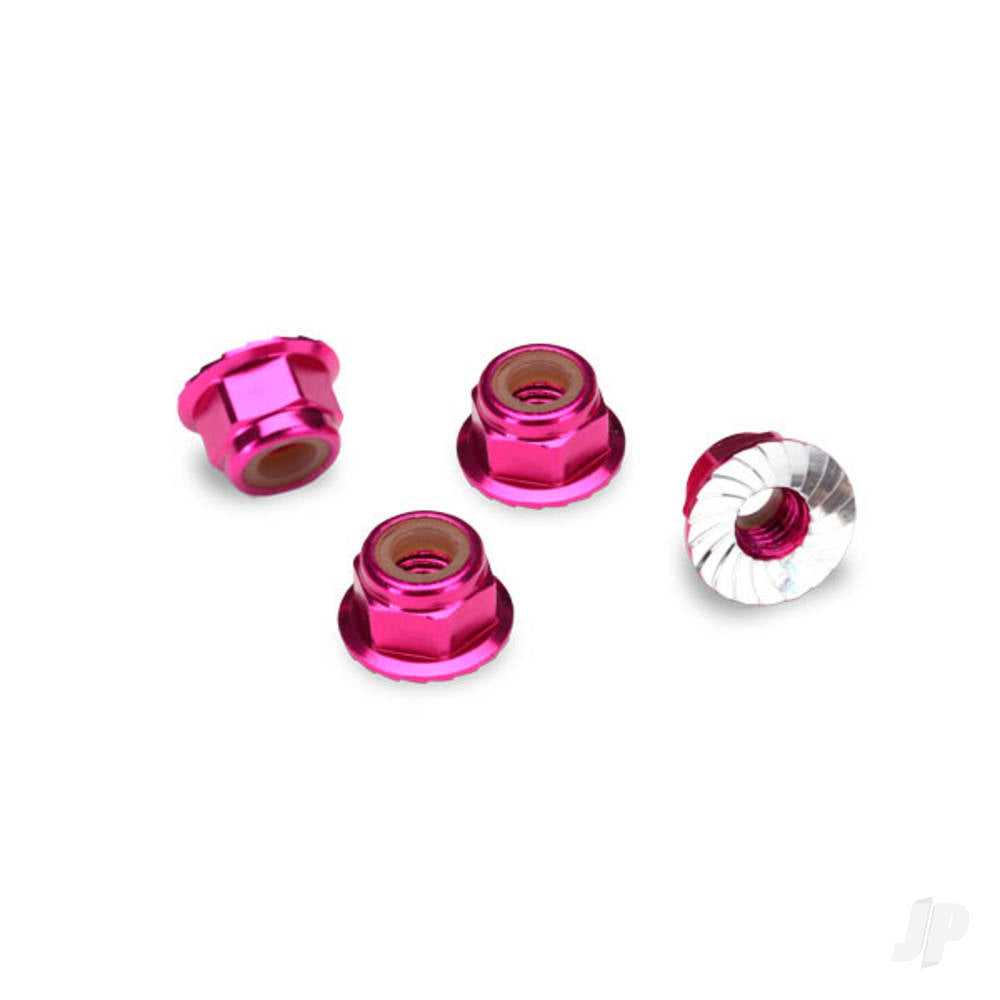 Traxxas Nuts, aluminium, flanged, serrated (4mm) (pink-anodised) (4 pcs) 1747P