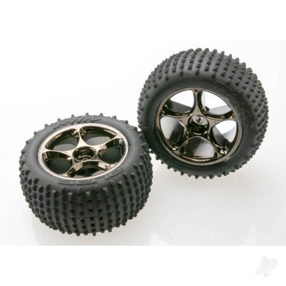 Traxxas Tyres & wheels, assembled (Tracer 2.2" black chrome wheels, Alias 2.2" Tyres) (2) (Bandit rear, medium compound with foam inserts) (TSM rated) 2470A