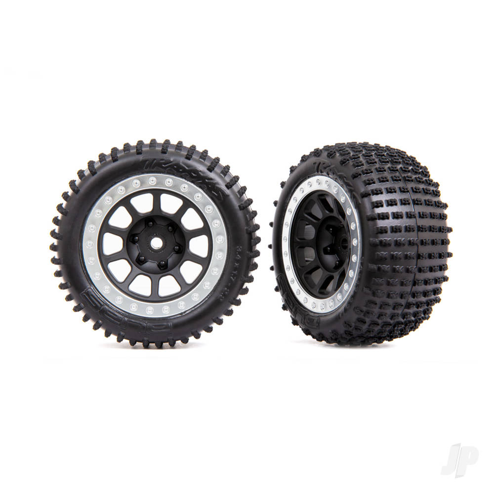 Traxxas Tyres & wheels, assembled (2.2" graphite gray, satin chrome beadlock wheels, Alias 2.2" Tyres) (2) (Bandit rear, medium compound with foam inserts) 2470G