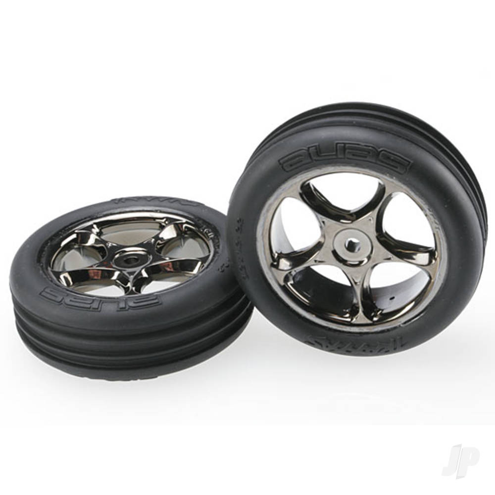 Traxxas Tyres & wheels, assembled (Tracer 2.2" black chrome wheels, Alias ribbed 2.2" Tyres) (2) (Bandit front, medium compound with foam inserts) 2471A