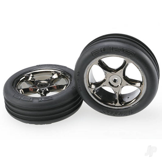 Traxxas Tyres & wheels, assembled (Tracer 2.2" black chrome wheels, Alias ribbed 2.2" Tyres) (2) (Bandit front, medium compound with foam inserts) 2471A