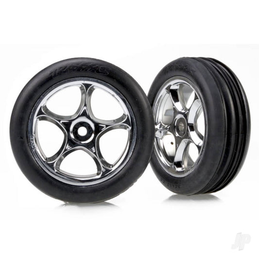 Traxxas Tyres & wheels, assembled (Tracer 2.2" chrome wheels, Alias ribbed 2.2" Tyres) (2) (Bandit front, soft compound with foam inserts) 2471R