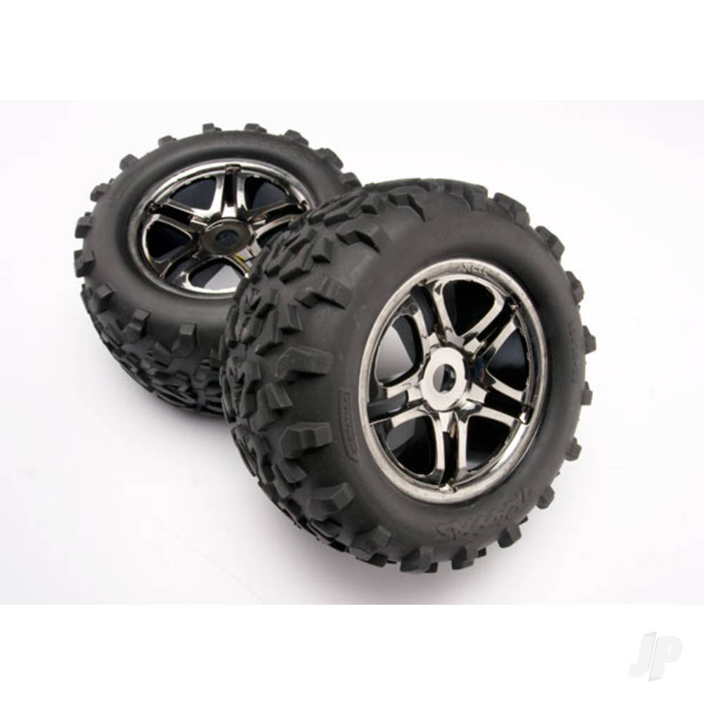 Traxxas Tyres & wheels, assembled, glued (SS (Split Spoke) black chrome wheels, Maxx Tyres (6.3" outer diameter), foam inserts) (2) (use with 17mm splined wheel hubs & nuts, part #5353X) (fits Revo / T-Maxx / E-Maxx) (TSM rated) 4983A