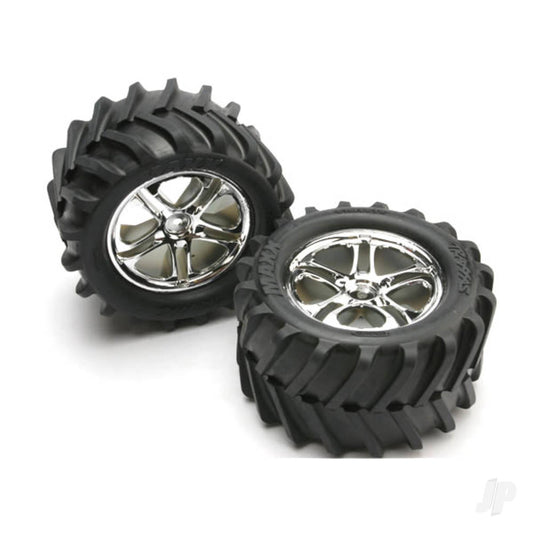 Traxxas Tyres & wheels, assembled, glued (SS (Split-Spoke) chrome wheels, Maxx Chevron Tyres, foam inserts) (2) (fits Revo / T-Maxx / E-Maxx with 6mm axle and 14mm hex) 5173