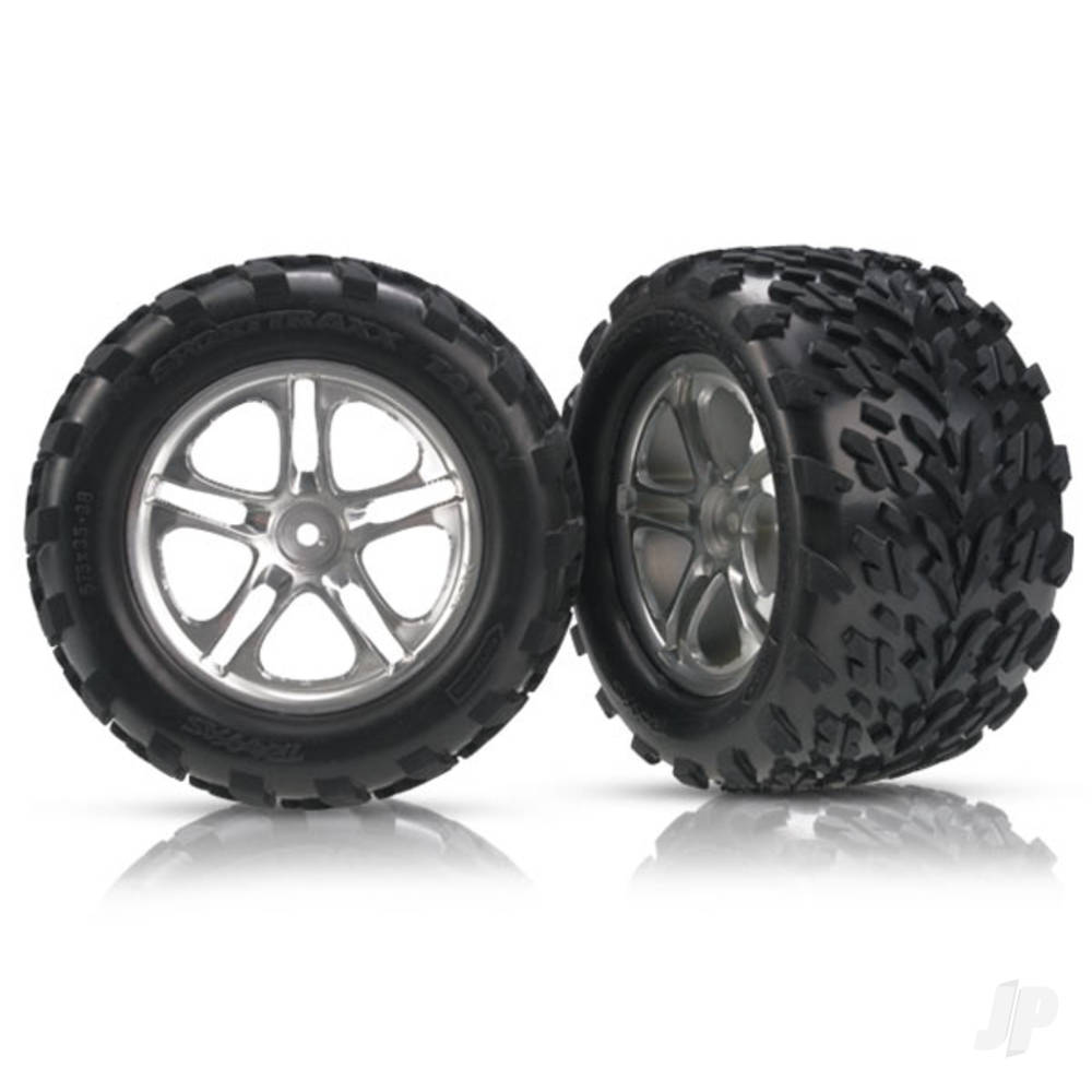 Traxxas Tyres & wheels, assembled, glued (Split-Spoke satin-finish wheels, Talon Tyres, foam inserts) (2) (fits Revo / T-Maxx / E-Maxx with 6mm axle and 14mm hex) 5174A