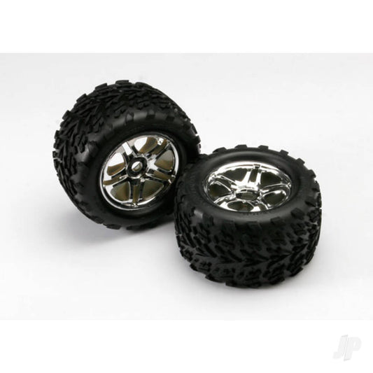 Traxxas Tyres & wheels, assembled, glued (SS (Split Spoke) chrome wheels, Talon Tyres, foam inserts) (2) (use with 17mm splined wheel hubs & nuts, part #5353X) 5174R