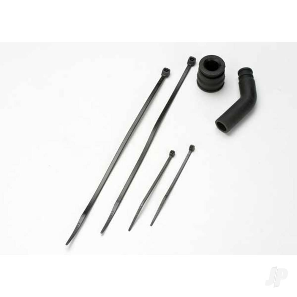 Traxxas Pipe coupler, moulded (black) / exhaust deflecter (rubber, black) / cable ties, Long (2 pcs) / cable ties, Short (2 pcs) 5245X